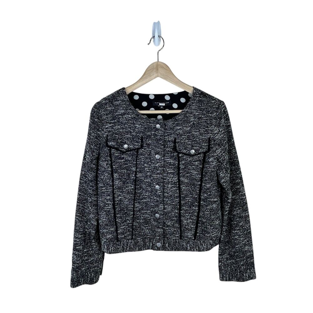 Slate & Willow Tweed Blazer Jacket Sz M Black Space-Dyed Contrast Pipe Trim - Picture 2 of 14